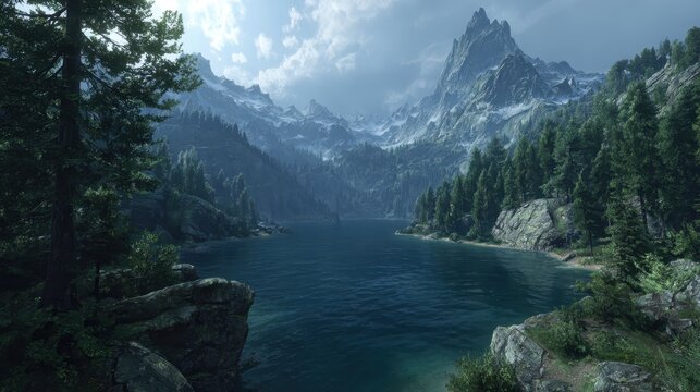 Majestic Skyrim-Inspired Landscape: Dark Blue Waters Embrace Towering Mountains and Lush Forests Beneath a Stunning Sky