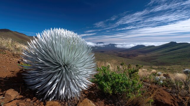 Majestic Silversword Blooming on Haleakala Summit: A Stunning Landscape of Nature's Beauty