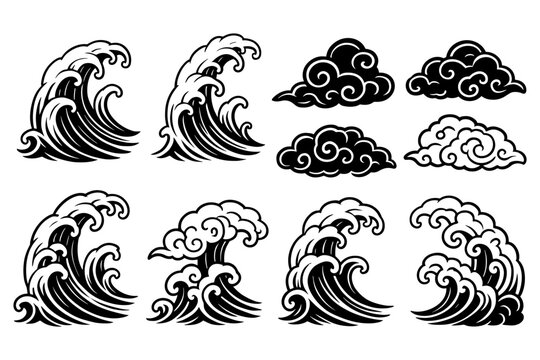 Traditional japanese wave and cloud elements in bold black and white art style