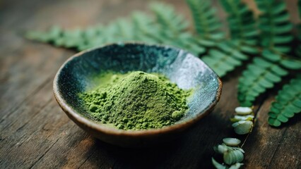A ceramic bowl contains a mound of bright green matcha powder on a wooden surface, with ferns in the background. Concept Matcha Powder, Ceramic Bowl, Wooden Surface, Fern Background