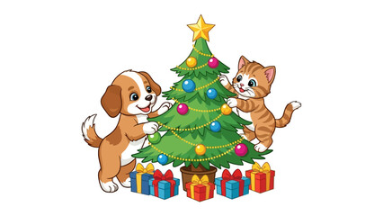 Holiday Companions: A cheerful kitten and a playful puppy jointly adorn a Christmas tree with festive ornaments, their combined efforts radiating holiday cheer and friendship.