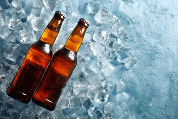 Refreshing Beer Bottles Chilling on Ice