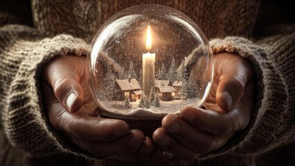 A snow globe with a candlelit winter village inside, cradled in warm woolen gloves. Concept Winter Cozy, Snow Globe, Candlelit Village, Woolen Gloves, Holiday Charm
