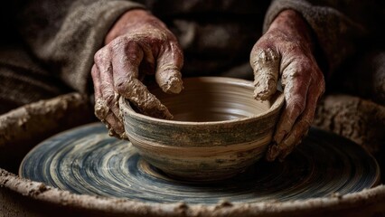 A potter shapes a clay bowl on a spinning pottery wheel. Concept Pottery Wheel, Clay Shaping, Handmade Bowl, Studio Pottery, Ceramic Craft