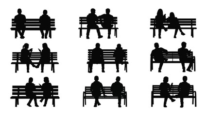 People sitting on park benches silhouettes isolated on white background, Vector