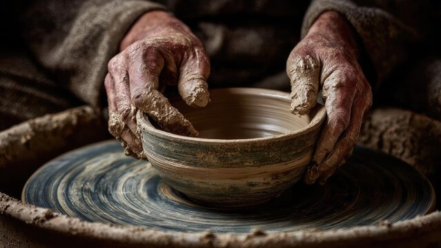 A potter shapes a clay bowl on a spinning pottery wheel. Concept Pottery Wheel, Clay Shaping, Handmade Bowl, Studio Pottery, Ceramic Craft