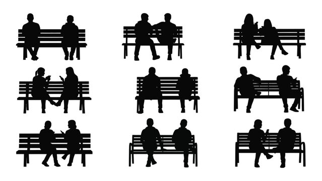 People sitting on park benches silhouettes isolated on white background, Vector