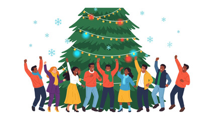 Holiday Celebration Under the Tree: A diverse group of friends and family jubilantly celebrates the holiday season. Gathered around a beautifully adorned evergreen tree.