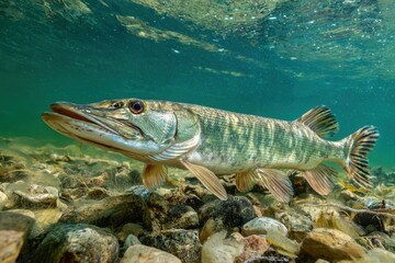Fototapeta premium Muskellunge Swimming Gracefully Underwater: A Common Aquatic Predator Found in Canada
