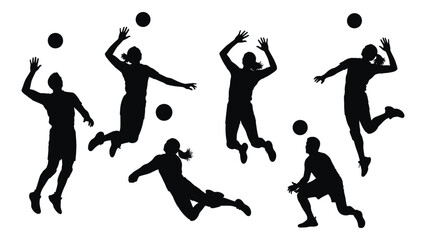 Dynamic volleyball player silhouettes isolated on white background, Vector