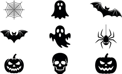 Collection of spooky Halloween silhouettes isolated on transparent background, featuring a spiderweb, ghost, bat, spider, pumpkin, and skull, perfect for holiday themed designs