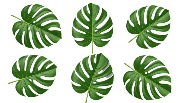 Set of Six Monstera Deliciosa Leaves Isolated on White Background 1.
