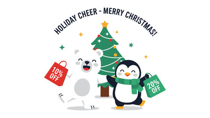 Holiday Cheer and Shopping: An endearing illustration captures a polar bear and penguin enthusiastically participating in festive holiday shopping. © Rahimatul