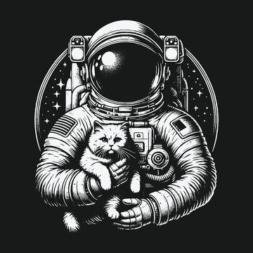 Astronaut Cuddling a Fluffy Cat in Outer Space Illustration.