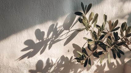 Olive branch with elongated green leaves casting shadows on a sunlit white wall. Concept Olive branch, Shadow play, Sunlit white wall, Green leaves, Natural light photography