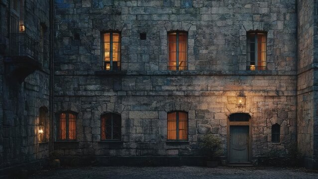 Old stone building in a cobblestone courtyard at dusk, warm light glowing from arched windows and lanterns along the walls. Concept Cobblestone Courtyard, Dusk Lighting, Warm Lantern Glow