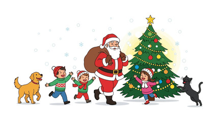 Christmas Adventure: Children and pets embark on a joyful journey with a festive man, carrying gifts and anticipation of the holiday season, near a decorated evergreen tree.