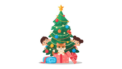 Christmas tree with kids and cat: An illustration capturing the cheerful spirit of the Christmas season. A decorated Christmas tree takes center stage, accompanied by children and a cute cat.
