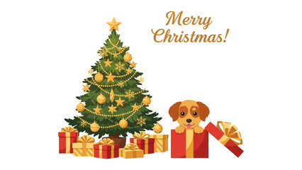 Joyful Christmas Wishes: Festive image of a Christmas tree with decorations and gifts, alongside an adorable puppy popping out of a gift box, celebrating the holiday season.
