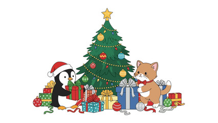Festive Gathering: A delightful festive scene featuring a charming penguin and a curious cat, surrounded by colorful presents and a beautifully decorated Christmas tree.
