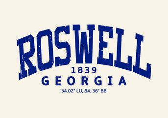 Retro college varsity typography roswell georgia state slogan with grunge effect for jersey, t-shirt, or wall art design - Vector