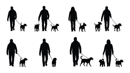 People walking dogs silhouette collection isolated on white background, Vector