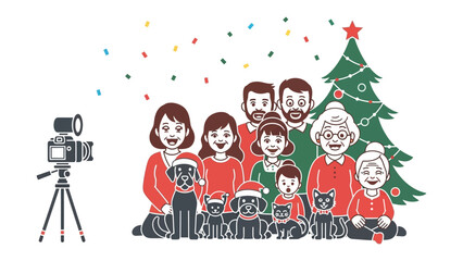 Festive Family Portrait: A cheerful family gathering embraces the holiday spirit, smiling warmly in front of a festively adorned tree and a camera ready to capture the merry moment. 