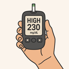 Hand Holding Glucose Meter Showing High Blood Sugar Level &ndash; Diabetes Monitoring Illustration