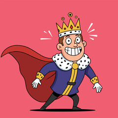 Cheerful cartoon king with a big grin, wearing royal attire and crown on a bright pink background.
