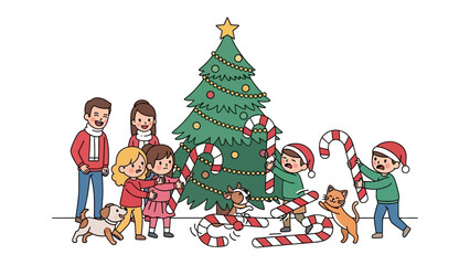 Christmas Gathering: A warm family moment during the holiday season, gathering around a decorated Christmas tree with cheerful decorations, creating an atmosphere of joy and togetherness.