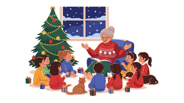 Cozy Christmas Tale: A gathering of children around a grandmother, as she reads a book, illuminated by the warm glow of a Christmas tree adorned with ornaments. Capturing a moment of festive reading.