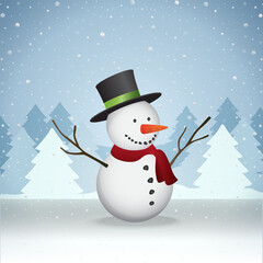 Happy snowman cartoon illustration with Christmas tree, gifts, hat, and scarf on a blue winter holiday card
