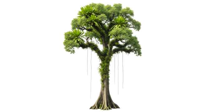 Lush majestic tree with aerial roots and vibrant green foliage perfect for nature documentaries