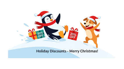 Festive Friends on Snowy Hill: A cheerful penguin and a playful dog, both adorned with festive accessories, frolic on a snowy hill near gift boxes.