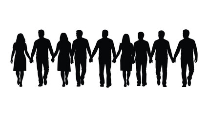 Diverse group holding hands silhouette isolated on white background, Vector