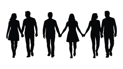 Couples walking hand in hand silhouettes isolated on white background, Vector
