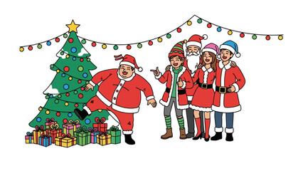 Festive Christmas Gathering: Delightful illustration of a jolly individual adorned in a red suit alongside companions, standing near a beautifully adorned christmas tree.