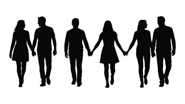 Couples walking hand in hand silhouettes isolated on white background, Vector