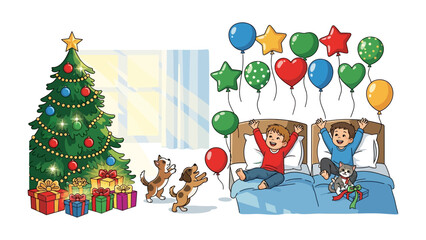 Christmas Morning Delight: Illustration captures the Christmas spirit, with children and pets reveling in a cheerful scene of festivities and gift-giving.