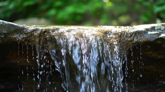 Slow motion water cascading over a rocky plateau edge, creating a serene mini waterfall background, motion, rock formation
