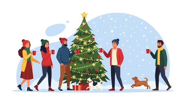 Holiday gathering: A heartwarming illustration showing a group of friends celebrating holidays in a snowy environment. They are gathered around a decorated christmas tree.