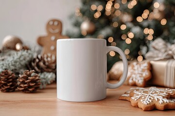 White mug centerpiece on wooden table, surrounded by warm, festive holiday decor