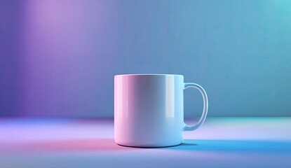 Plain white ceramic mug illuminated by vibrant pink and blue neon lights