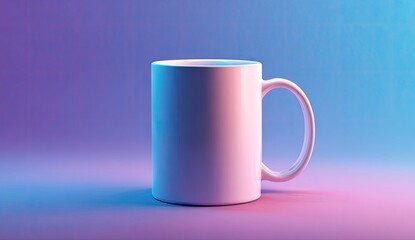 Simple white ceramic mug illuminated by a vibrant, colorful neon gradient light