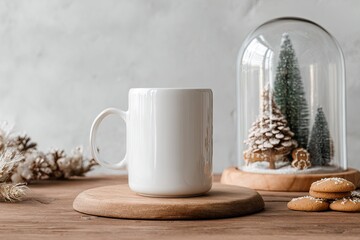 White mug on wooden board, festive cloche, frosted branches, and cookies