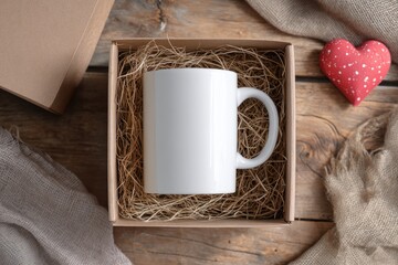 Top view of a blank white ceramic mug in a gift box with hay, a red heart, and fabric