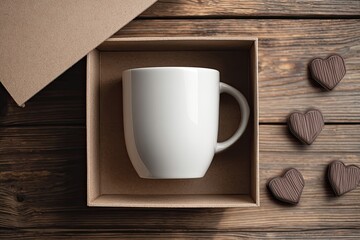 White mug in cardboard box with heart chocolates and envelope on wooden surface