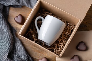 White mug in gift box with shredded paper, heart chocolates, and gray fabric on wood