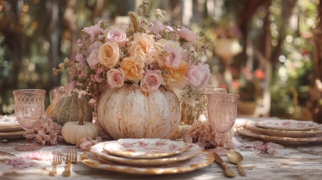 Enjoy a charming outdoor setting adorned with a beautiful pumpkin centerpiece surrounded by pastel flowers. The rustic table is perfectly arranged for a delightful fall celebration