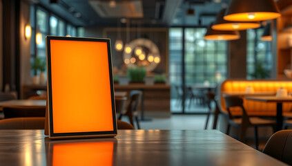 Restaurant Tabletop Digital Menu Mockup with Orange Blank Screen